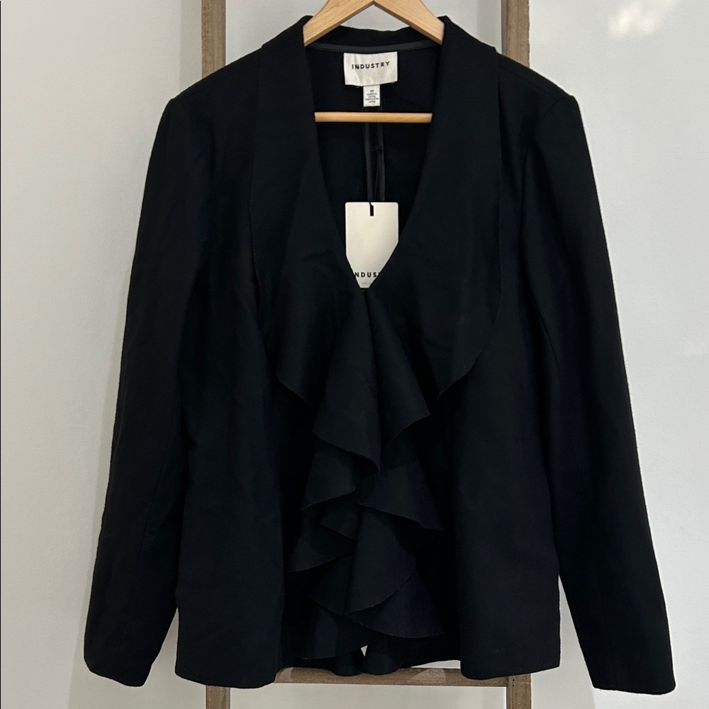 Industry Women's Black Ruffle Blazer Open Front One Hook Closure Pockets Size 10 - Picture 2 of 7